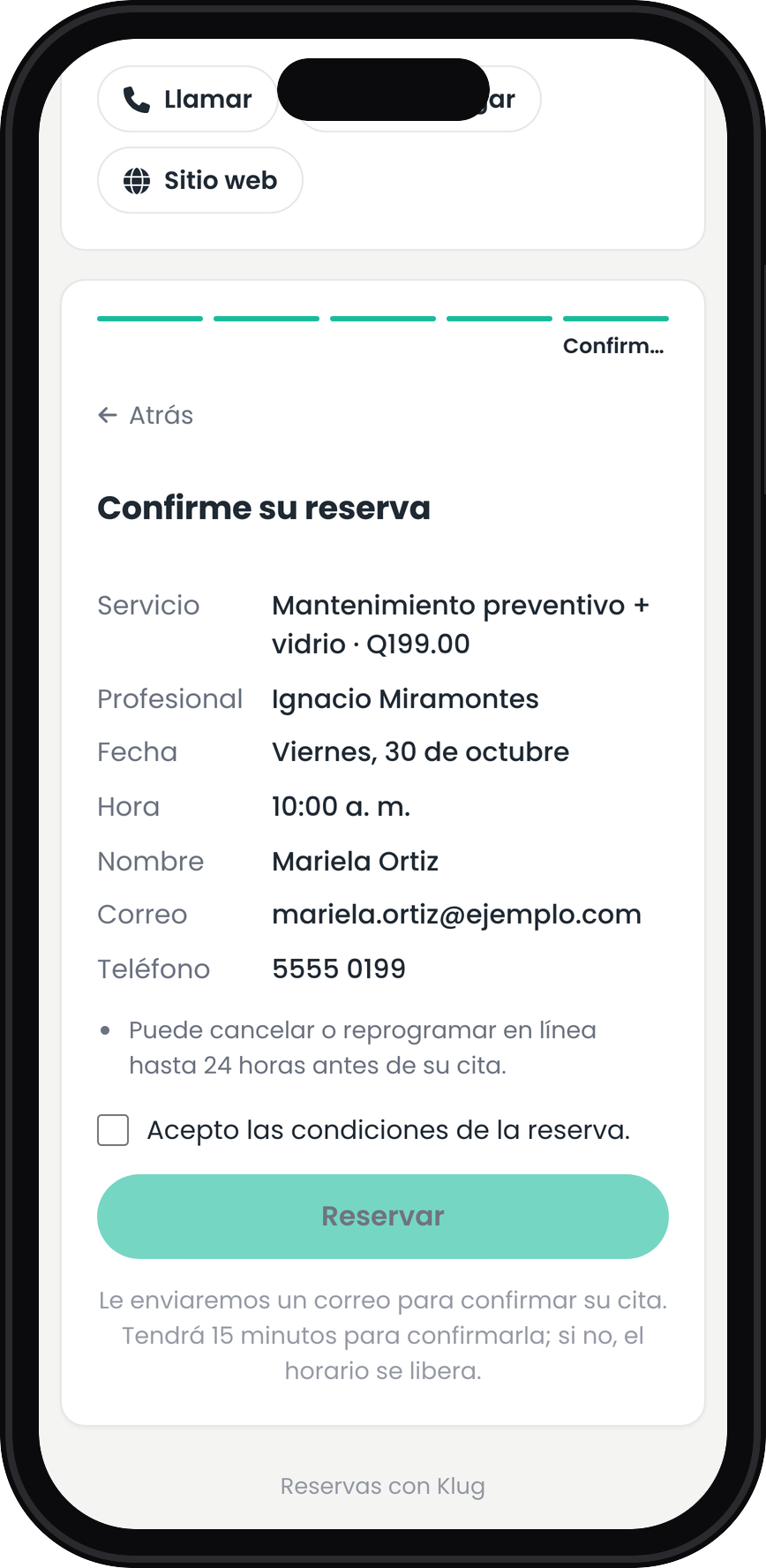 Paso 5 de la reserva en línea de Klug: confirma