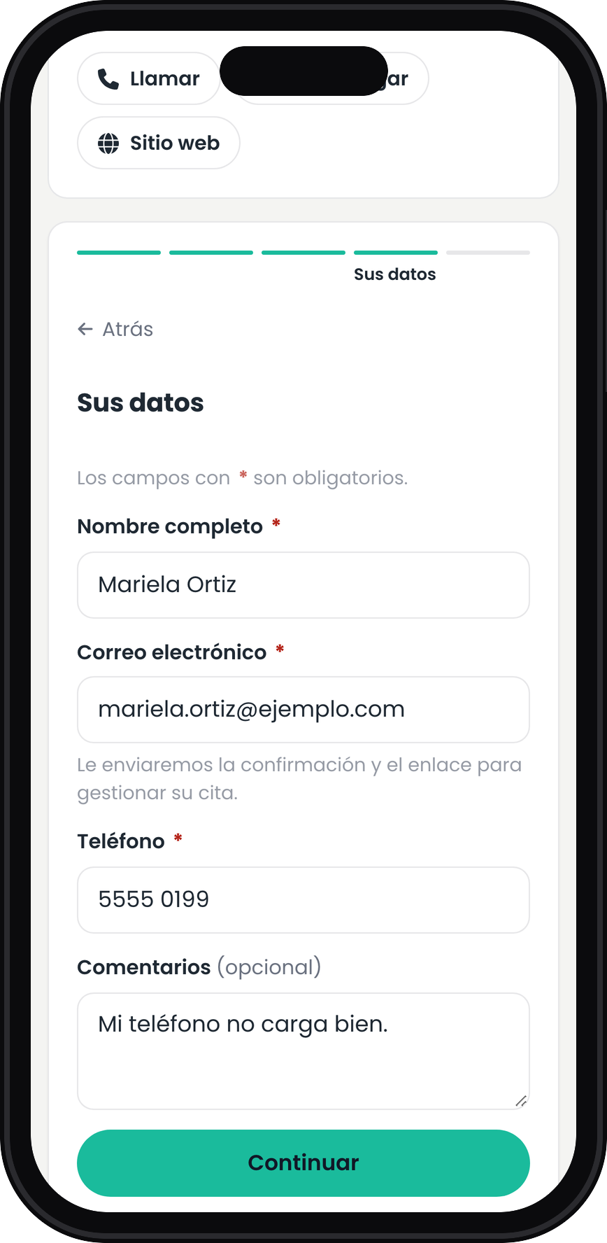 Paso 4 de la reserva en línea de Klug: deja sus datos