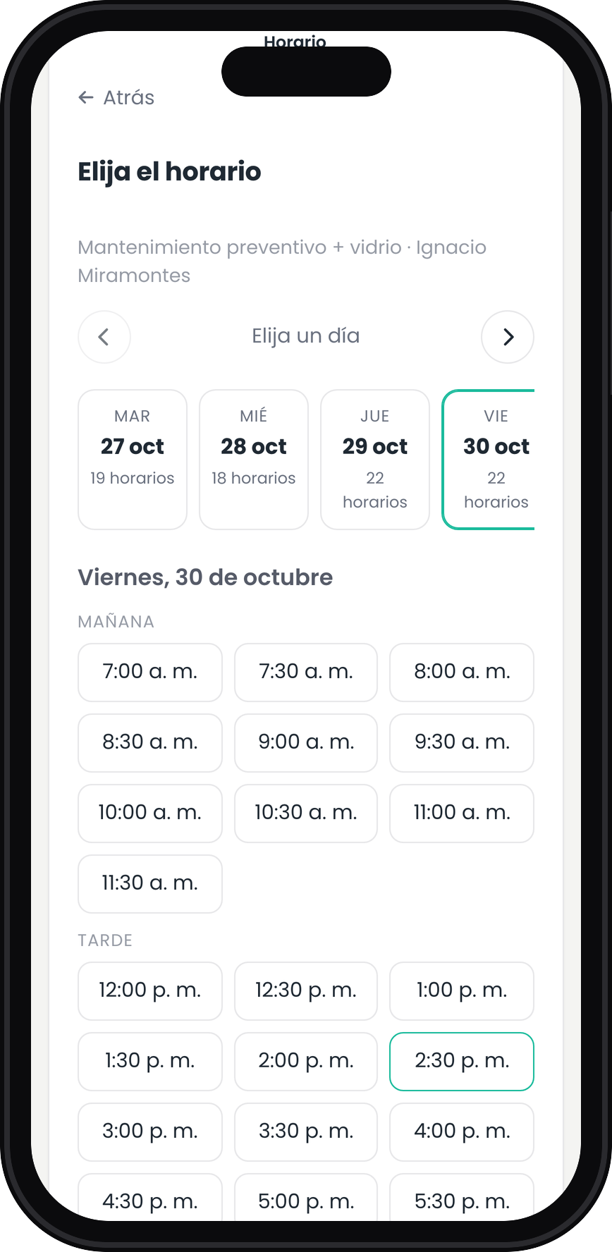 Paso 3 de la reserva en línea de Klug: elige el horario