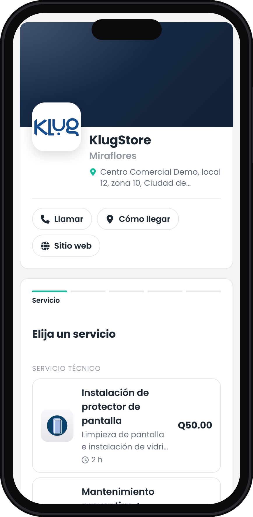 Paso 1 de la reserva en línea de Klug: elige el servicio