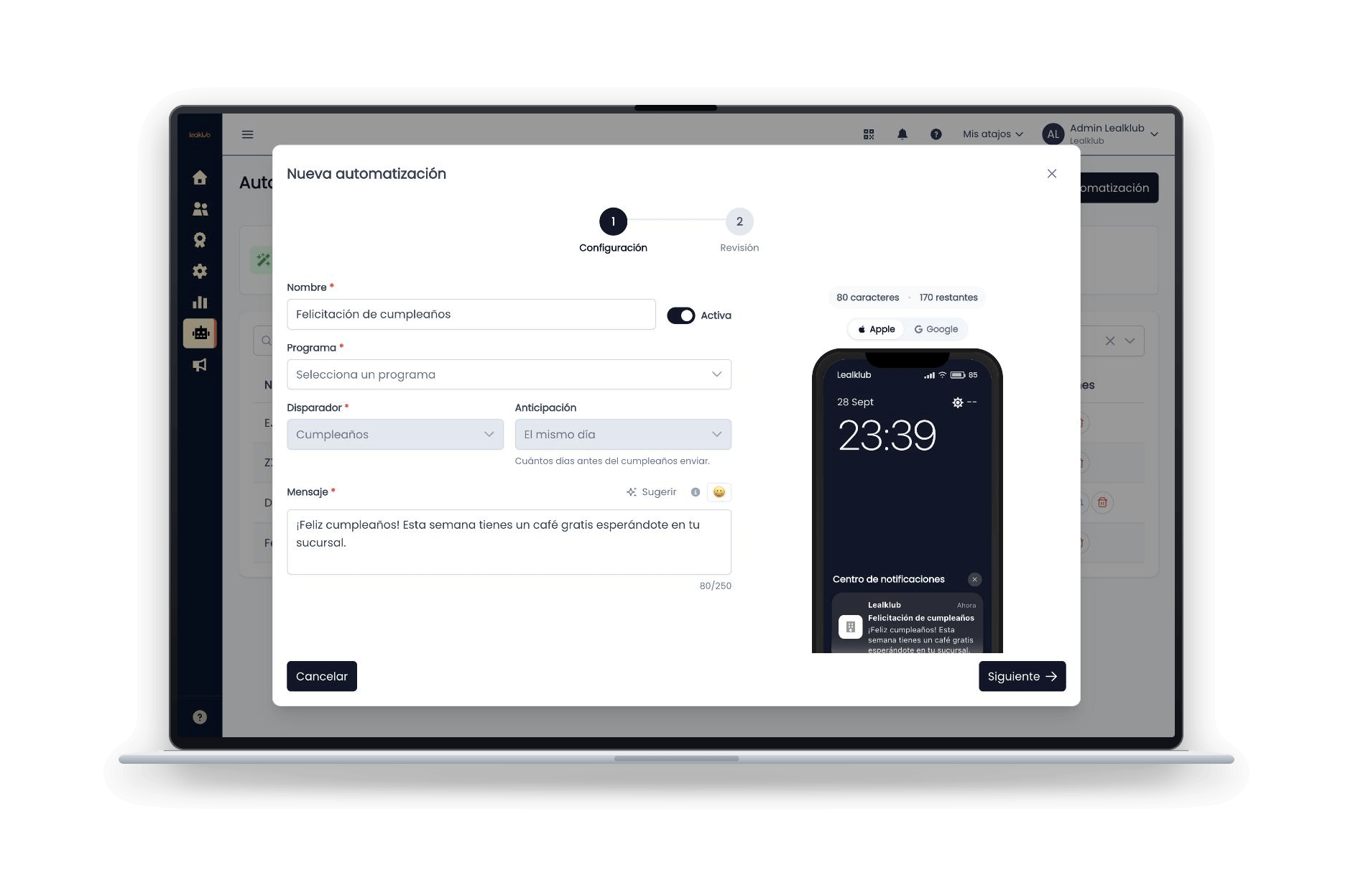 Creación de notificaciones push en el panel de Lealklub (3)