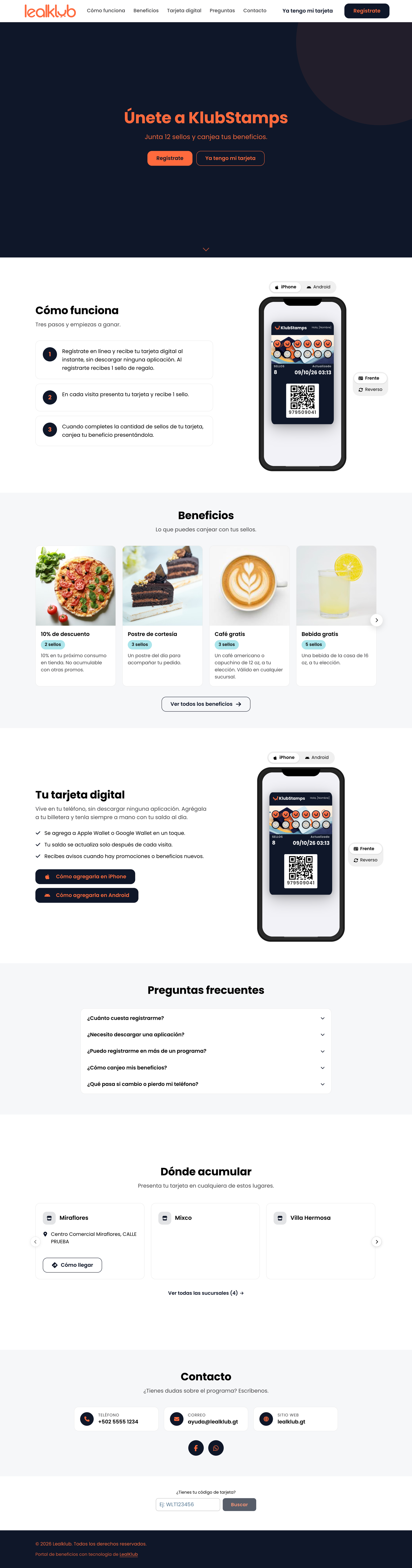 Sitio de lealtad de ejemplo en rewards.solaytech.gt visto en escritorio: portada, cómo funciona, beneficios, tarjeta digital, preguntas, sucursales y contacto