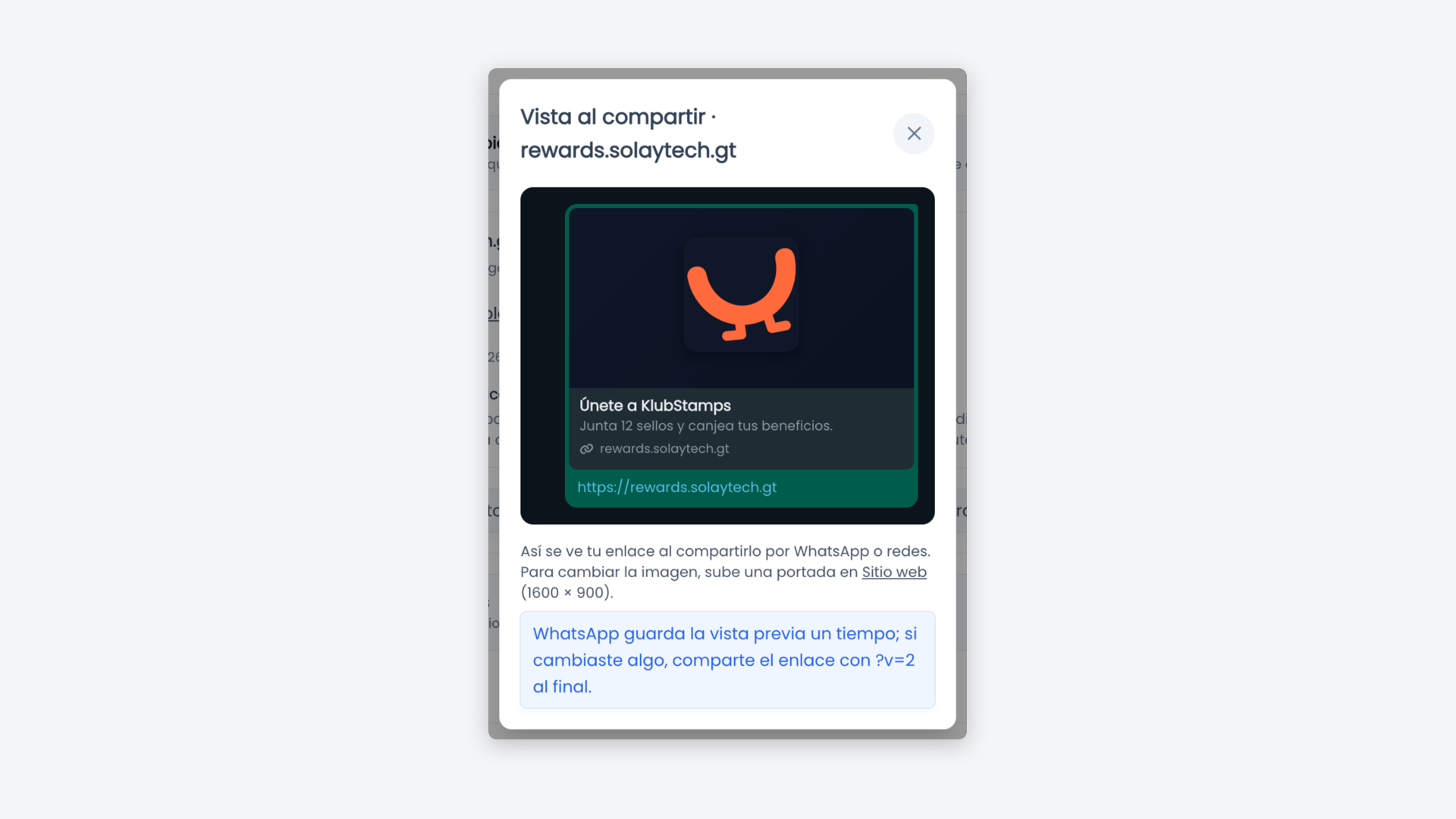 Vista del enlace del sitio al compartirlo por WhatsApp, con la imagen, el título y la dirección propia