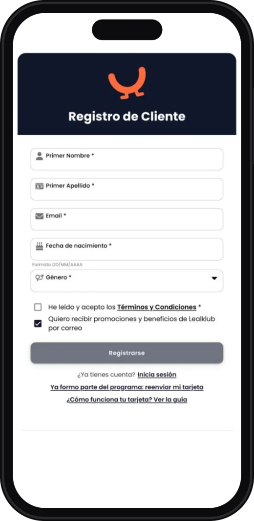 Formulario Registro de Cliente en el celular, con nombre, apellido, correo, fecha de nacimiento y género