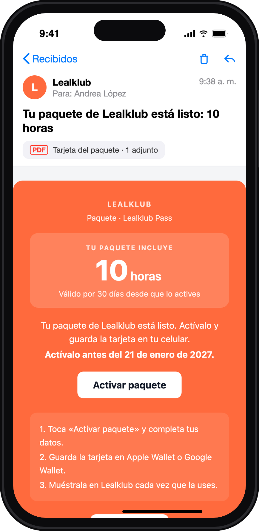 Correo «Tu paquete está listo» abierto en un iPhone, con las 10 horas cargadas y el botón «Activar paquete»
