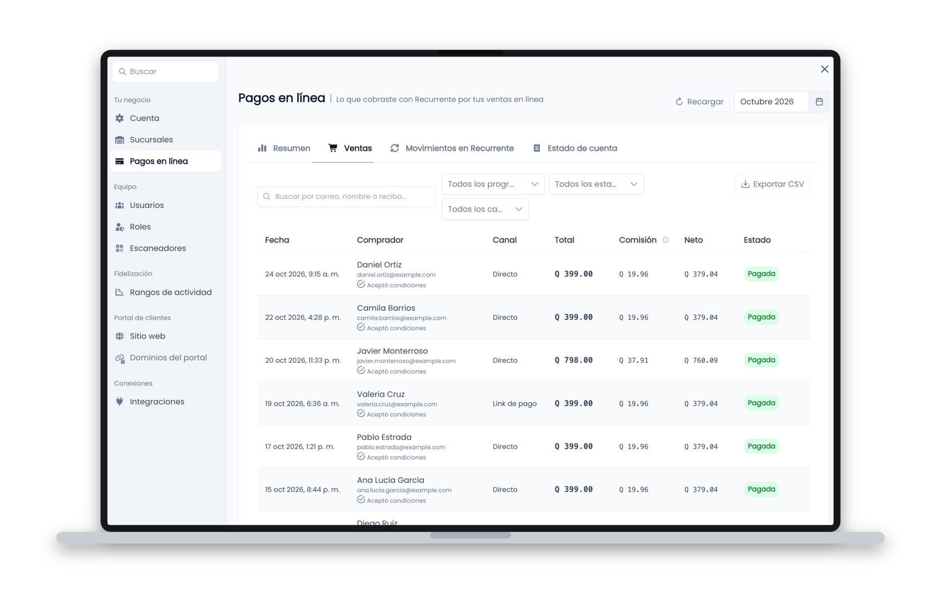 Panel de Lealklub, Pagos en línea: ventas del mes con comprador, canal, total, comisión, neto y estado