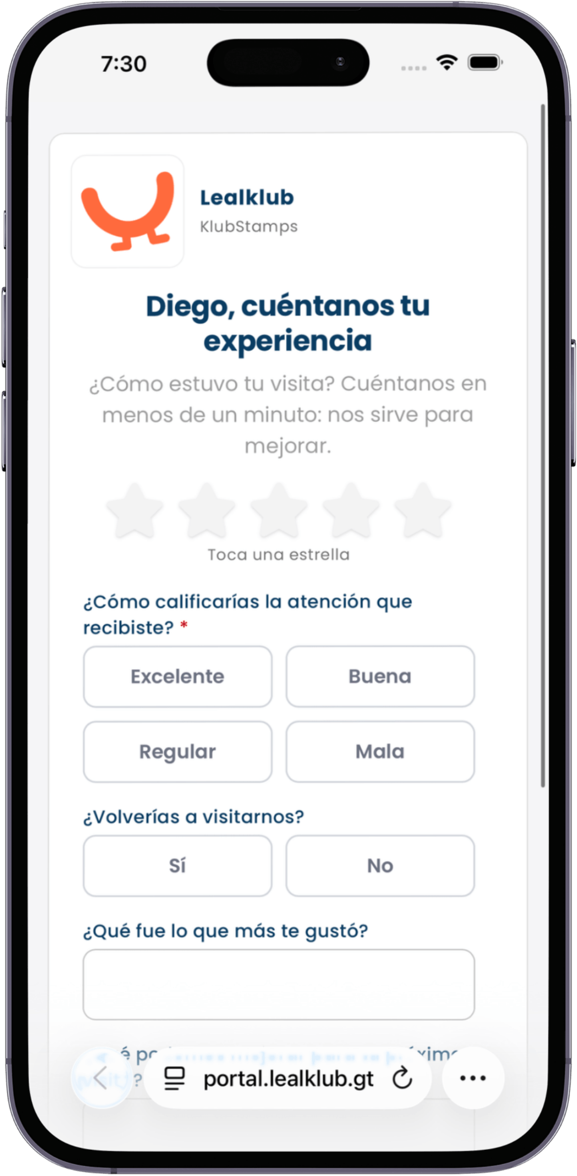 Formulario de reseña de Lealklub en un iPhone: calificación de estrellas y preguntas personalizadas del negocio